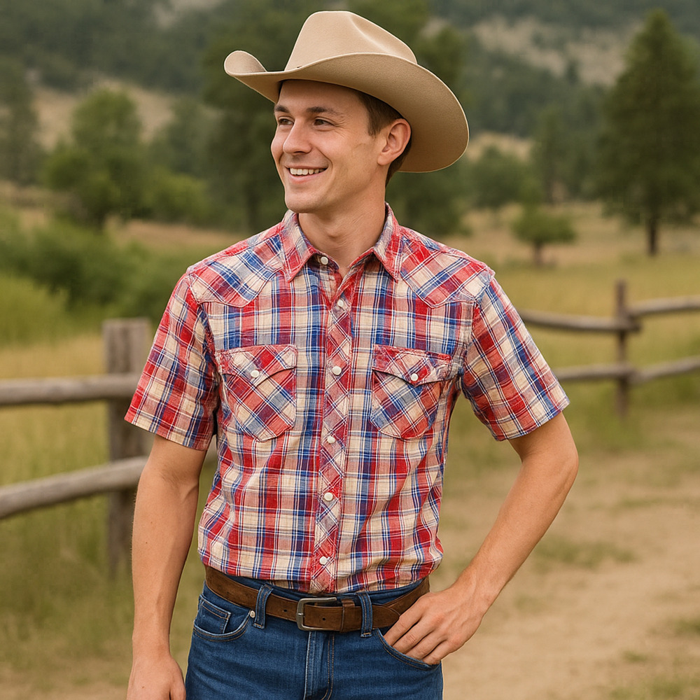 Lincoln Outfitters Cowboy Shirt Mens MEDIUM Plaid Button Up Pearl Snap Western